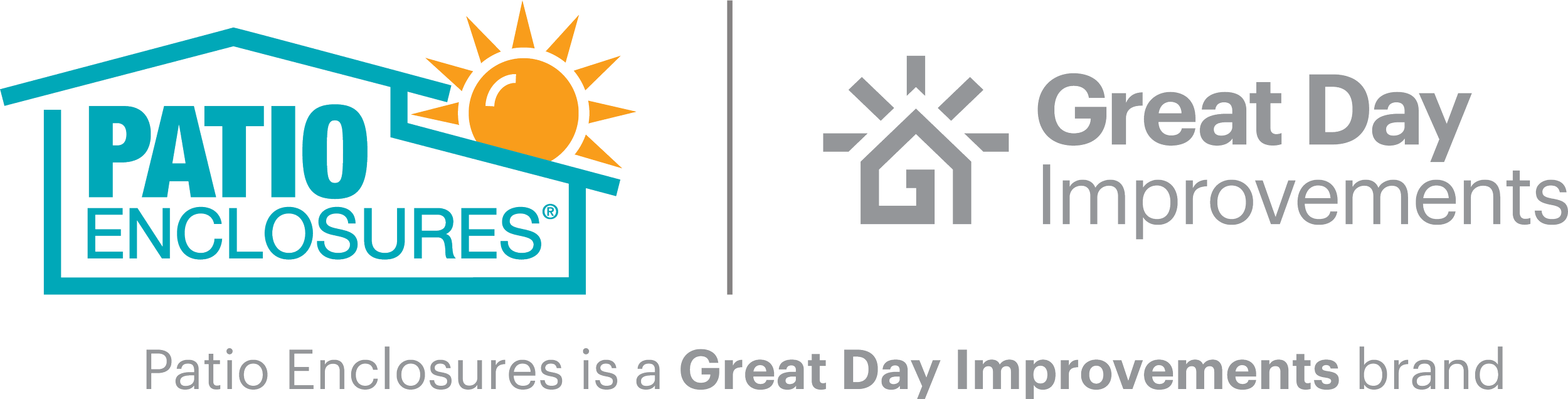 Logo of Patio Enclosures with a house outline, a sun, and the text "Patio Enclosures" and "a Great Day Improvements brand".