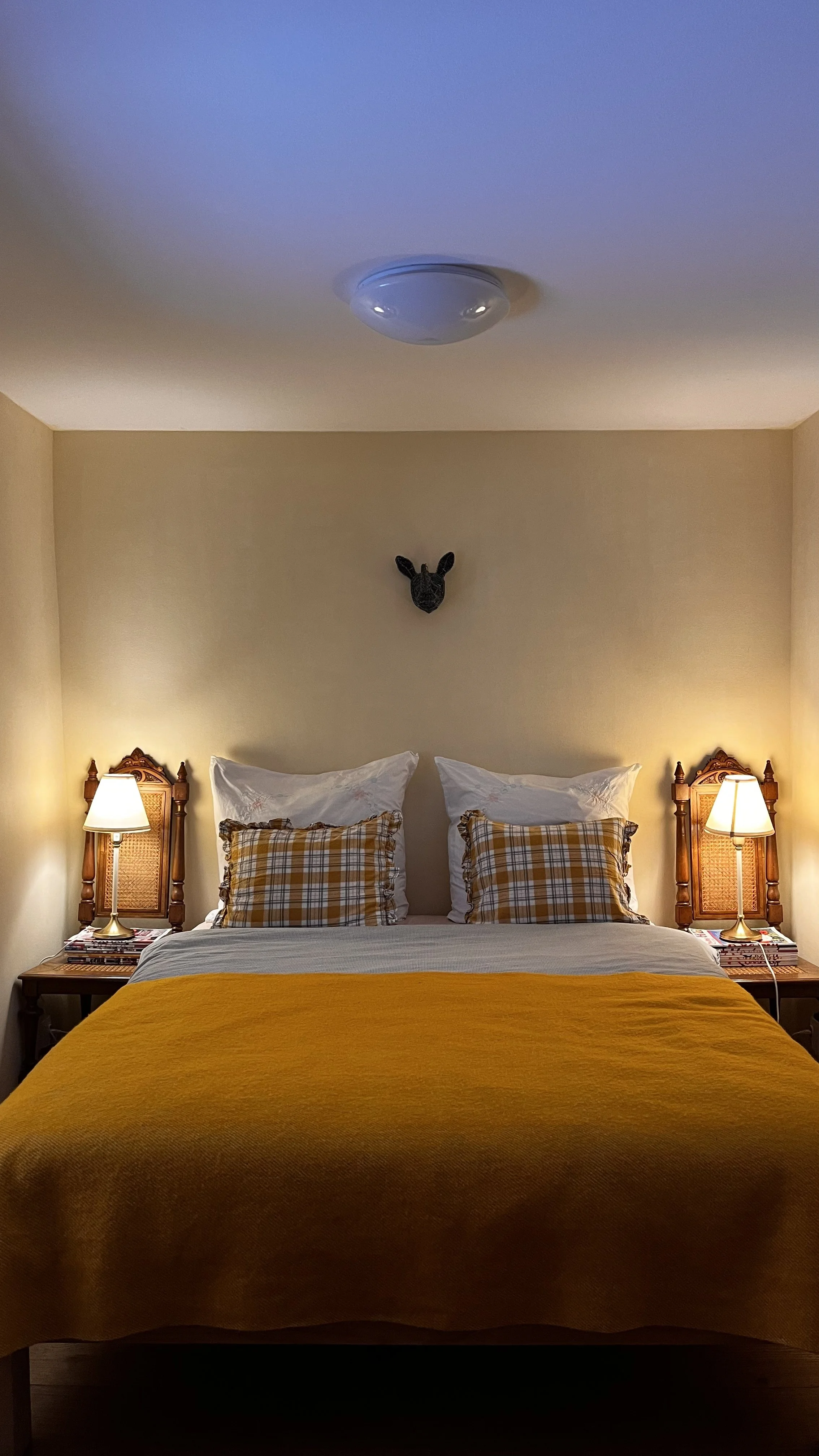 A cozy bedroom with a bed, two nightstands with lamps, and plaid pillows. There is a decorative animal head on the wall above the bed.