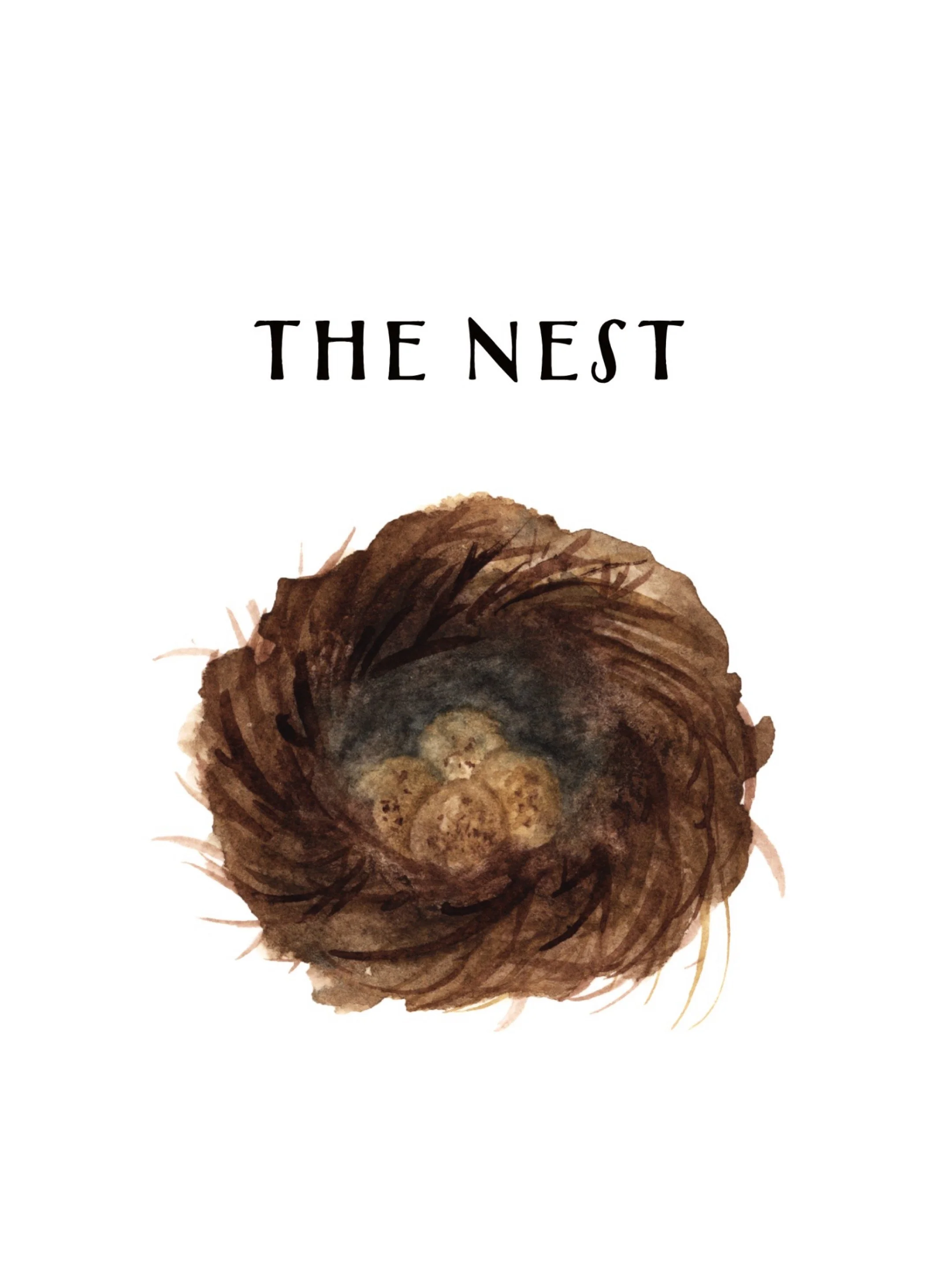 Watercolor illustration of a bird's nest with five eggs inside and the text 'The Nest' above it.