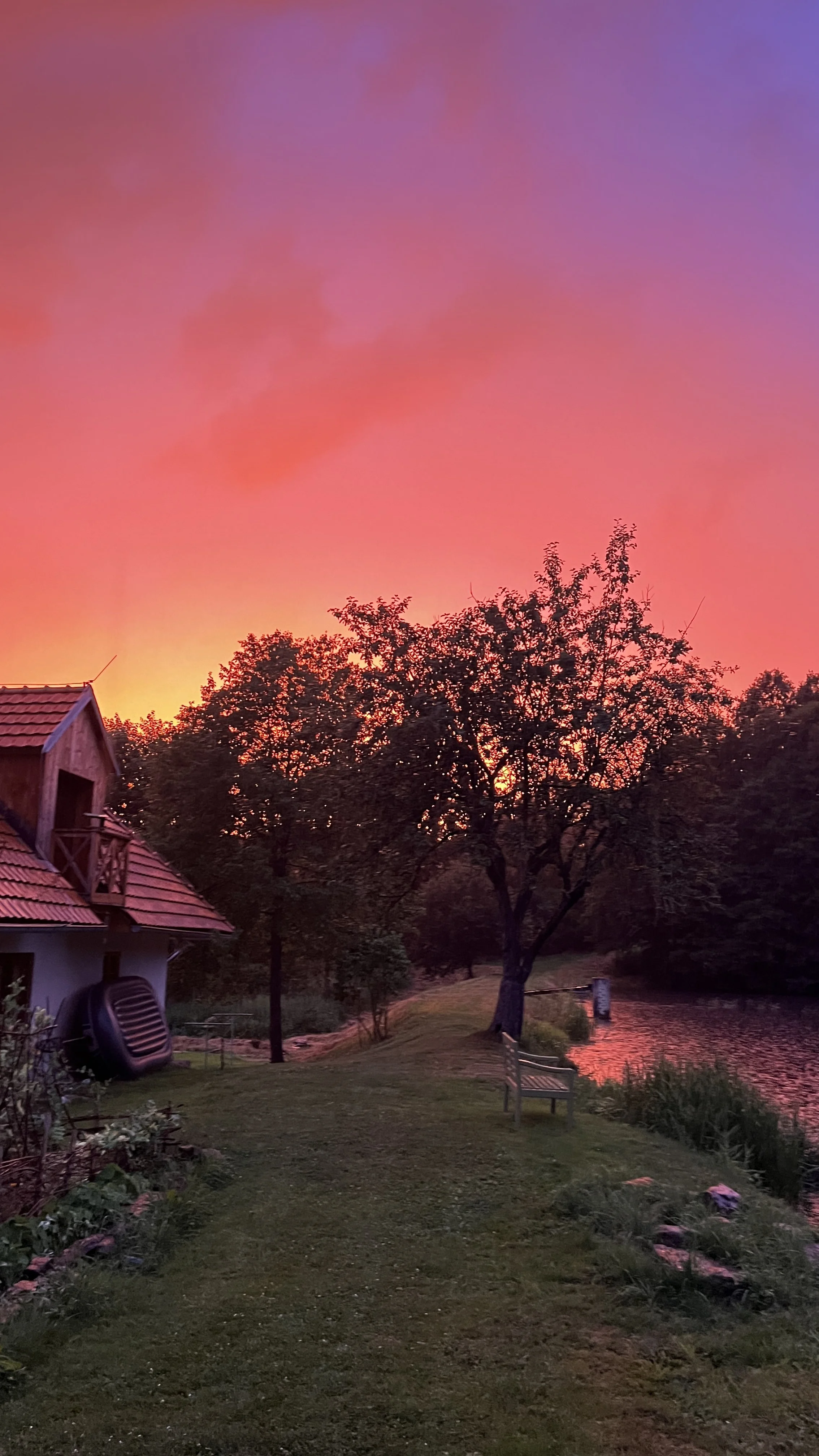 A sunset sky with pink, purple, and orange hues over a rural landscape featuring houses, trees, a bench, and a small pond.