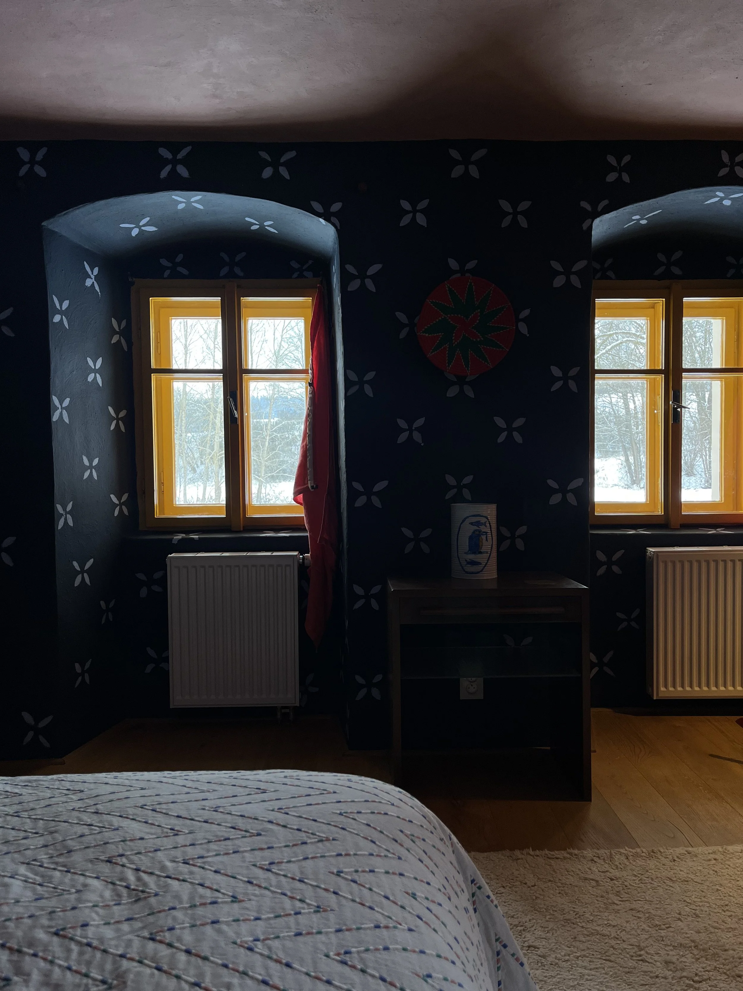 A bedroom with two windows with yellow frames, dark walls with a floral pattern, and a bedside table with a decorative item on it, seen from inside the room during daytime.