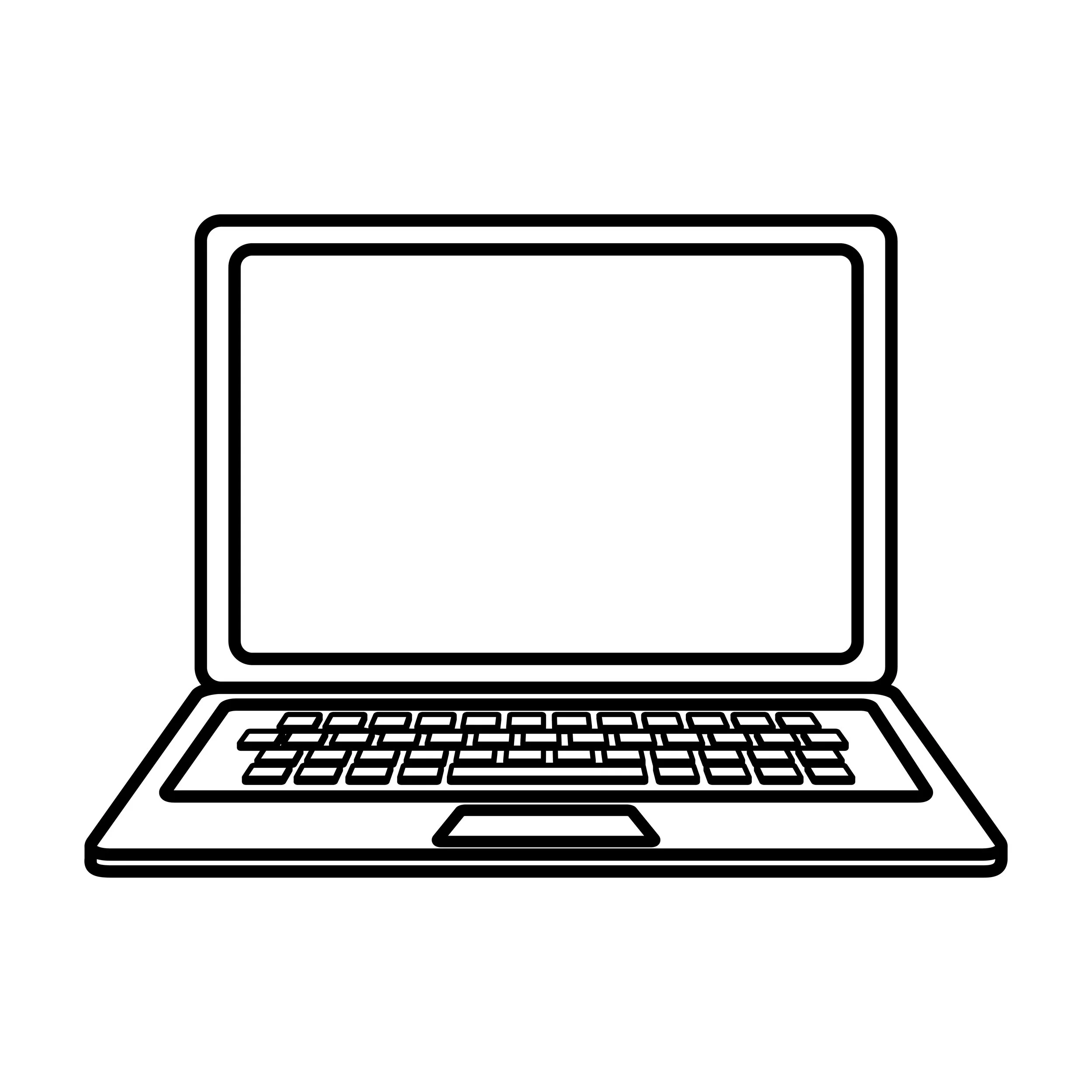 Outline drawing of a laptop computer with an open screen and keyboard.