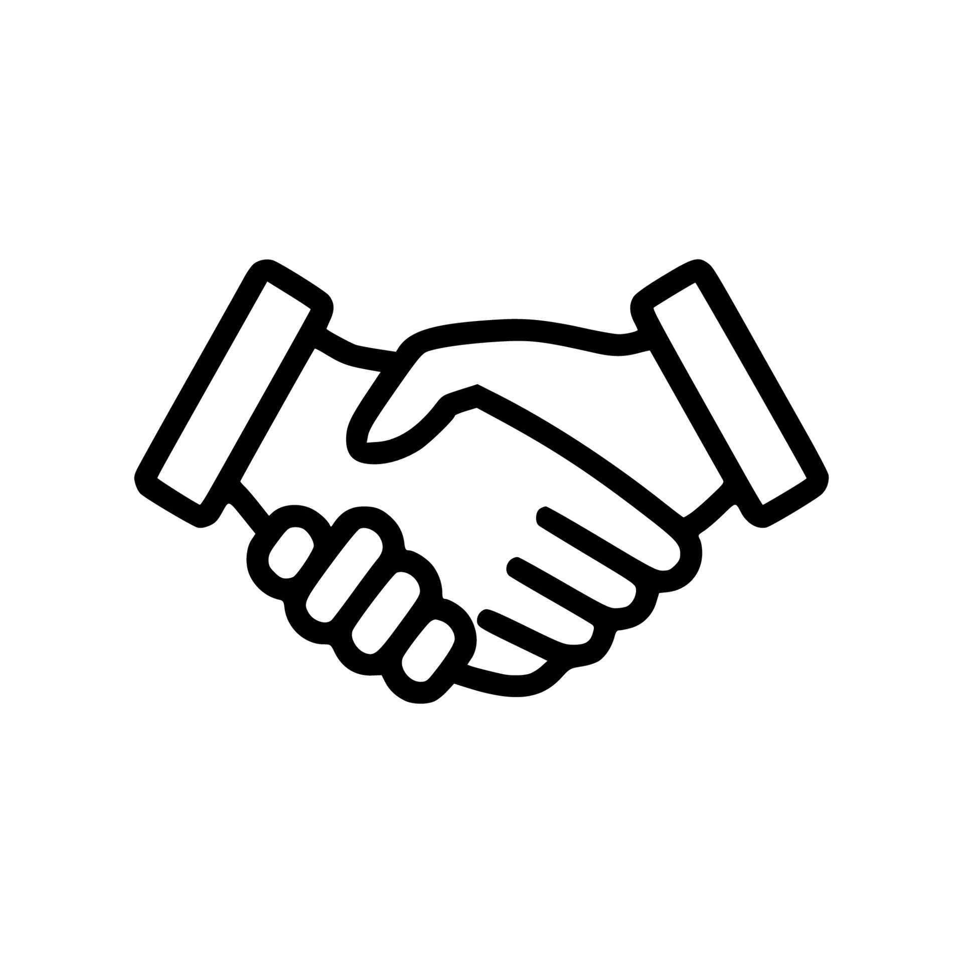 Black outline icon of a handshake.