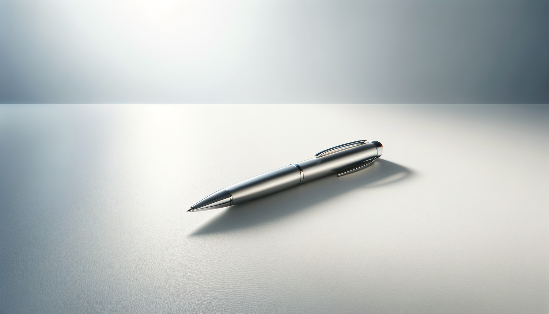 A silver pen lying on a white surface with soft lighting and shadows.