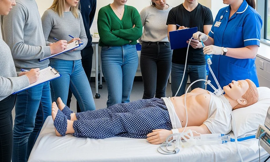 Medical training scene with a doll mannequin on a hospital bed and a nurse demonstrating medical procedures to a group of students taking notes.