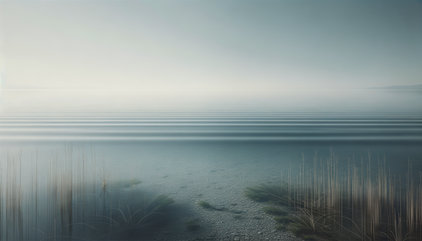 Serene lakeside scene with a rocky shore, tall grasses, calm water, and a distant horizon under a clear sky
