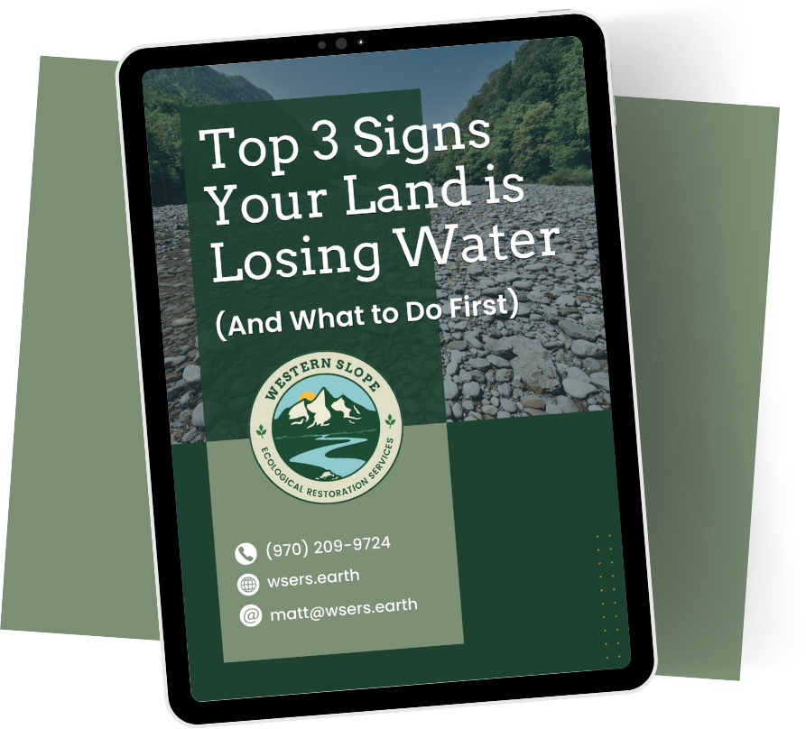 A tablet displaying a brochure from Western Slope Ecological Restoration Services about signs of land losing water, including contact info and logo.
