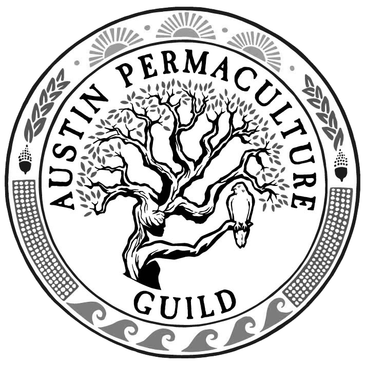 A circular emblem with the text 'Austin Permaculture Guild' around a detailed illustration of a tree with a owl perched on a branch, all in black and white.