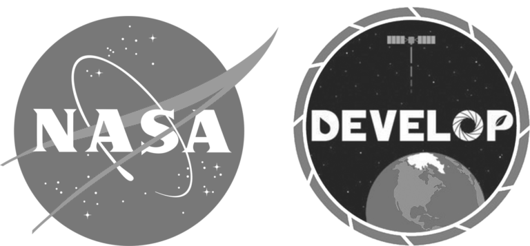 A black and white graphic with the NASA logo on the left and a space-themed emblem reading 'Develop' with a spacecraft orbit and Earth below on the right.