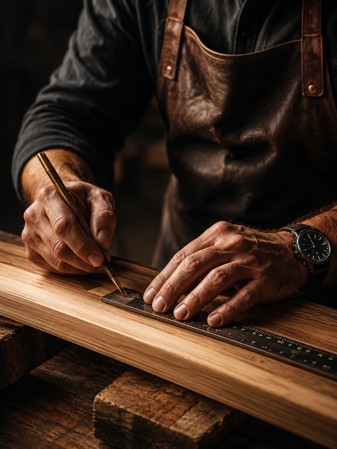 Close-up of person measuring and marking wood with a ruler and pencil in a woodworking workshop. The person is wearing a dark shirt, a leather apron, and a watch.