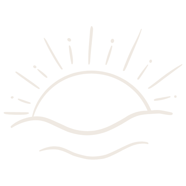 Simple line drawing of a sunrise over water with the sun partially visible above the horizon and rays extending outward.