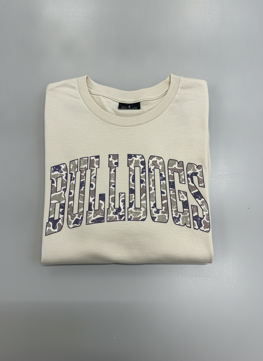 Gildan Soft Style Tan T-Shirt with Duck Camo Bulldogs Design