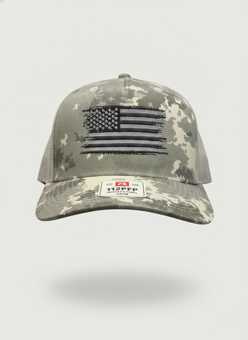Digital Camo Richardson SnapBack with Black & Grey American Flag