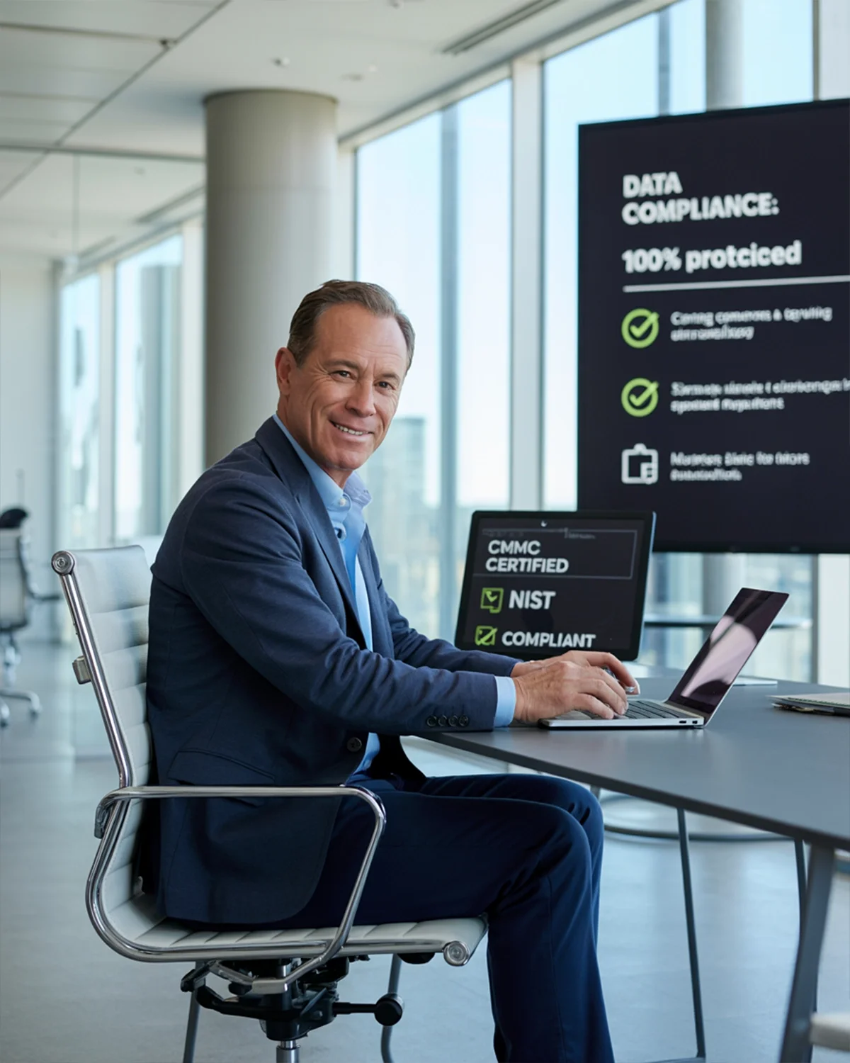 Businessman sitting at a desk in an office, smiling at the camera with a laptop and a tablet in front of him, and a large screen displaying data compliance information in the background.