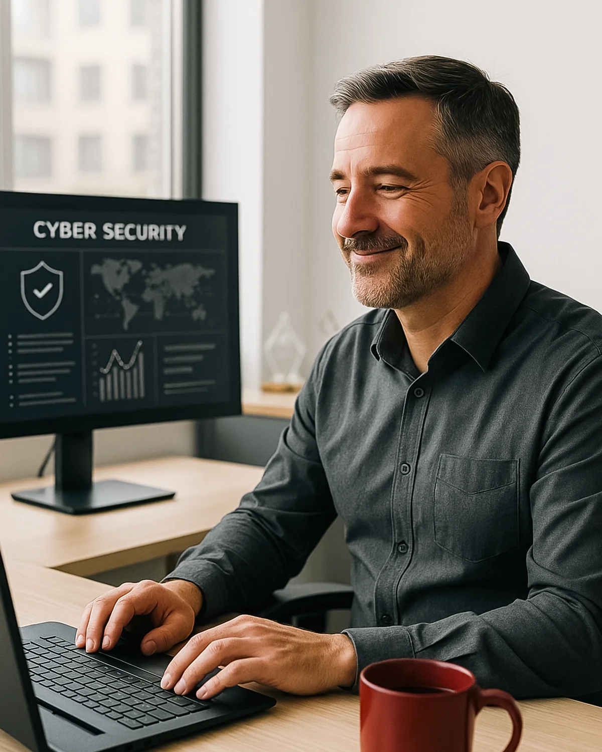 A man smiling while working on a computer with a screen displaying 'Cyber Security' in an office setting.
