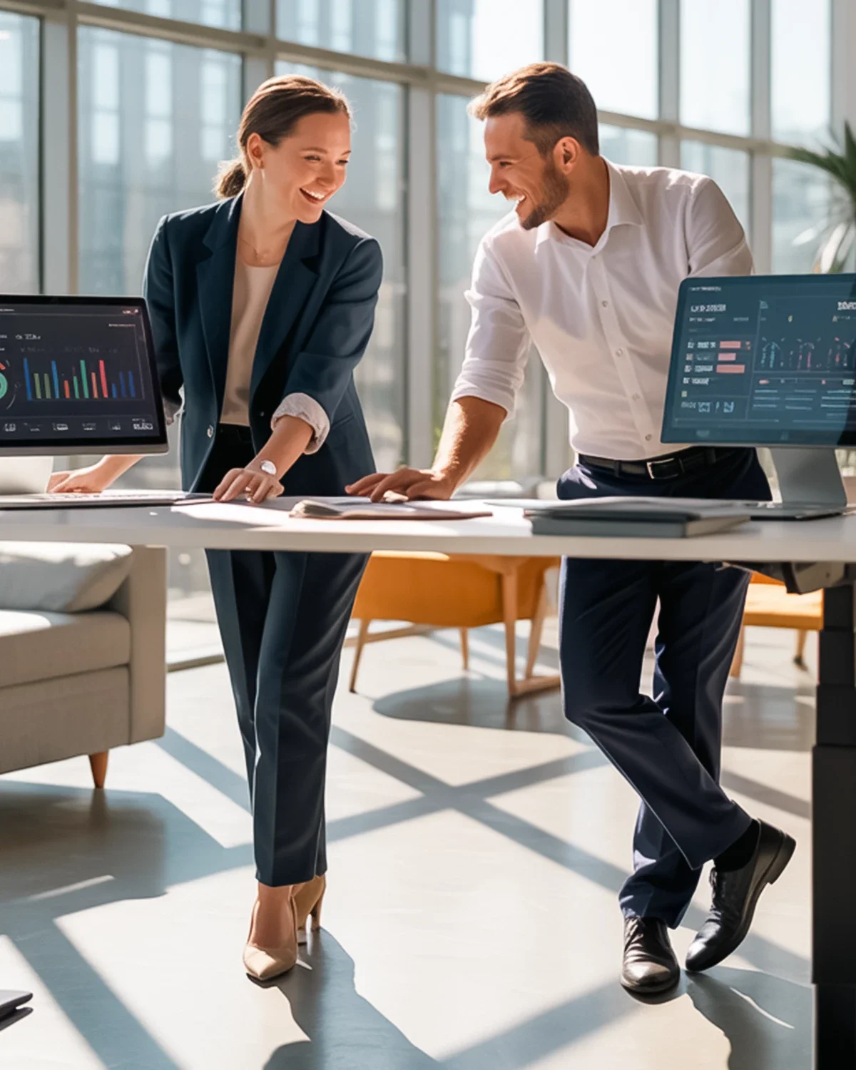 A man and woman in business attire are smiling and leaning over a table with computers and AI tools in a bright office environment.