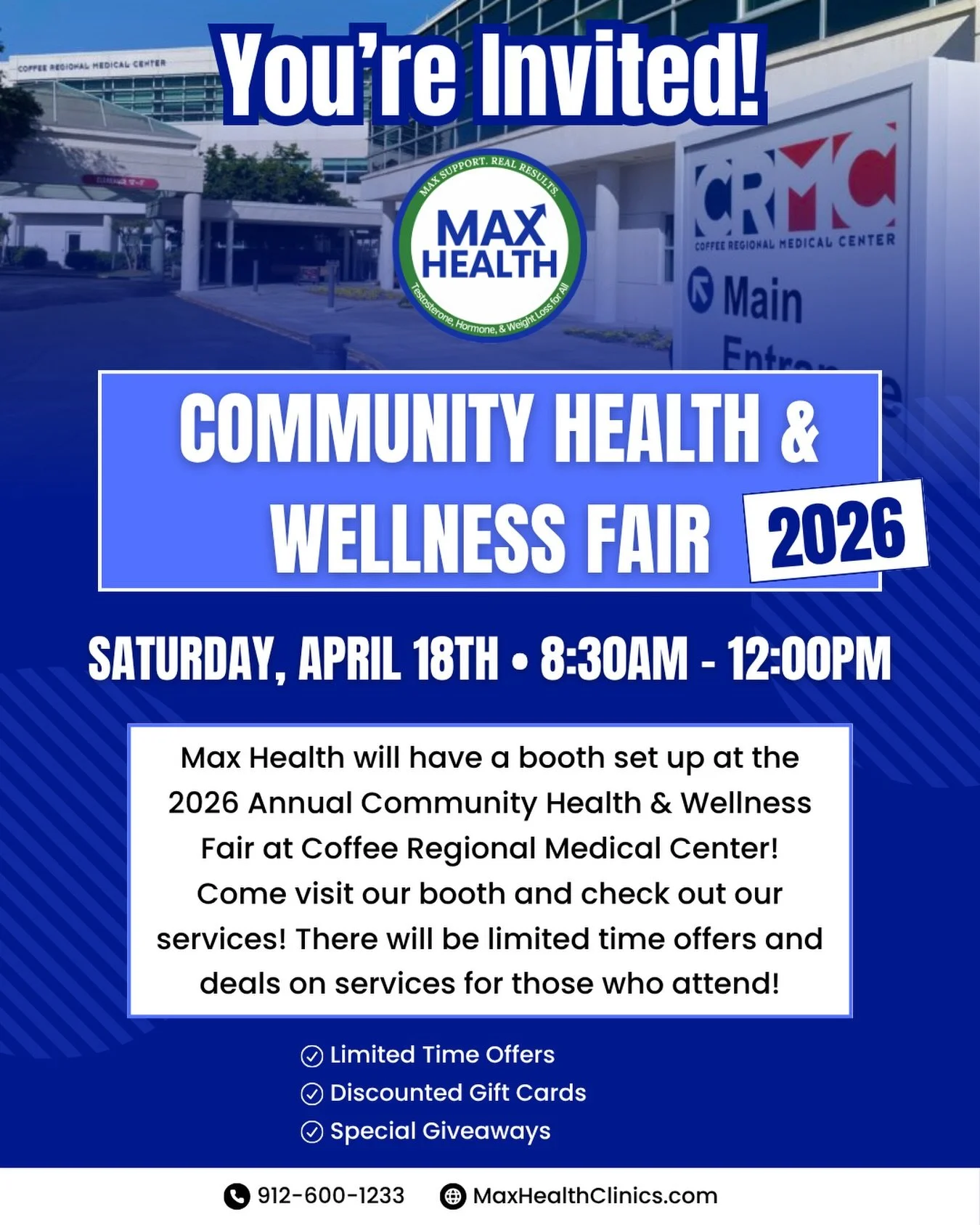 You&rsquo;re invited! 🎉

Join us this Saturday at the 2026 Community Health &amp; Wellness Fair at Coffee Regional Medical Center!

Come stop by the Max Health booth to learn more about how we can help you feel stronger, healthier, and more energize
