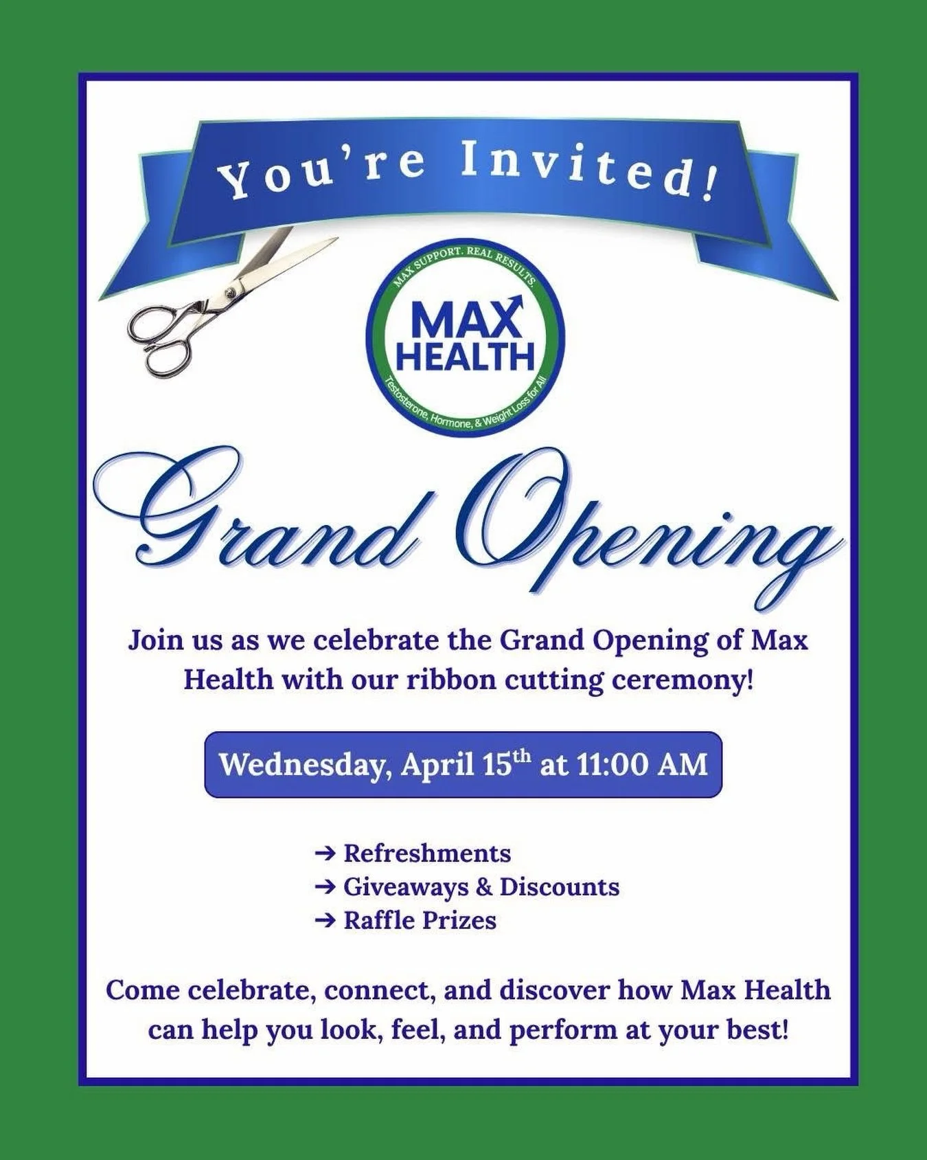 The Grand Opening is Here!✂️✨

Please join us today at 11:00 AM as we officially celebrate the grand opening of Max Health with our ribbon cutting ceremony!

In partnership with the Chamber of Commerce, we&rsquo;re proud to bring something special to