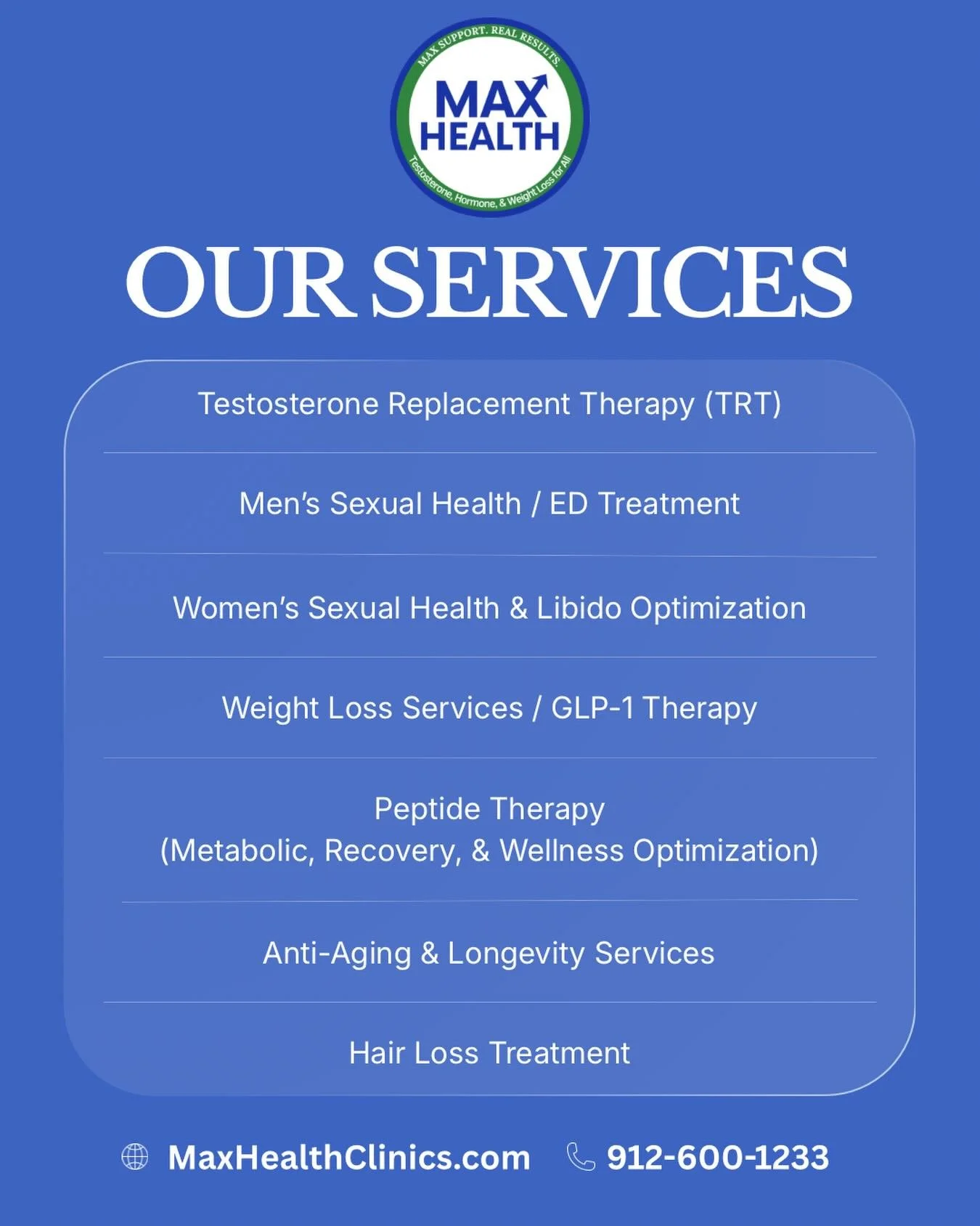 We&rsquo;re proud to officially introduce the services we offer at Max Health.

From hormone optimization and weight loss to sexual health and longevity care, everything we do is designed to help you feel, perform, and live better.

Personalized care