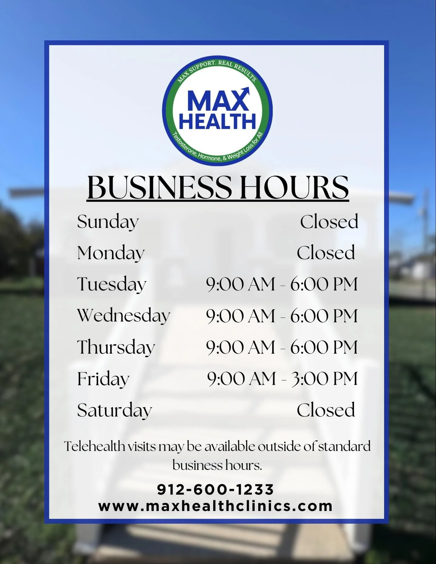 Here are the official Max Health business hours!

We&rsquo;re here to provide personalized care focused on hormone optimization, testosterone replacement therapy, men&rsquo;s health, medical weight loss, hair loss treatments, and total wellness.

App