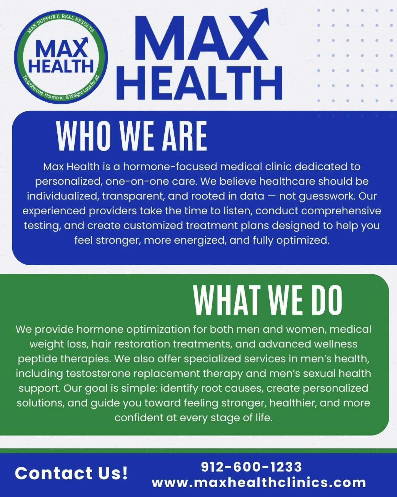 We&rsquo;re excited to officially introduce Max Health!

We are a hormone-focused medical clinic dedicated to personalized, one-on-one care for both men and women. From testosterone therapy and men&rsquo;s health to medical weight loss, peptide thera