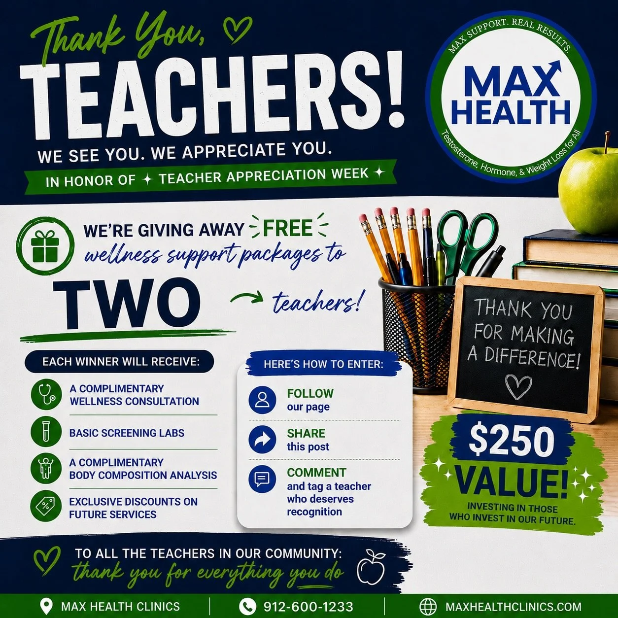 🍎 Teacher Appreciation Week Giveaway! 🍎

Teachers pour so much into our communities every single day, and this week we want to give something back.

Max Health Clinics is giving away TWO wellness support packages, each valued at over $250!

Each wi
