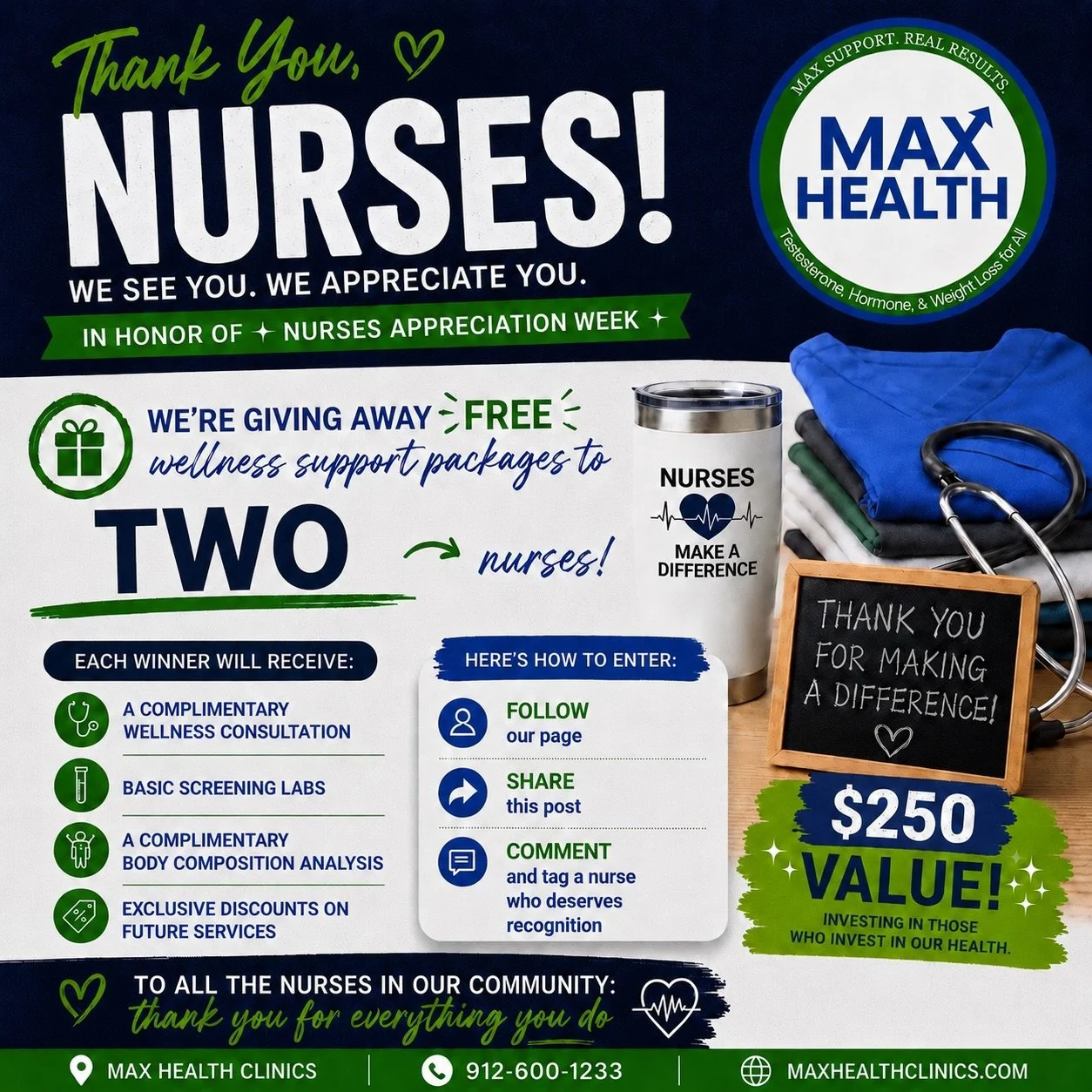 💙 Nurses Appreciation Week Giveaway! 💙

Nurses show up for our community during some of life&rsquo;s most important moments, and we want to say thank you.

Max Health Clinics is giving away TWO wellness support packages, each valued at over $250!

