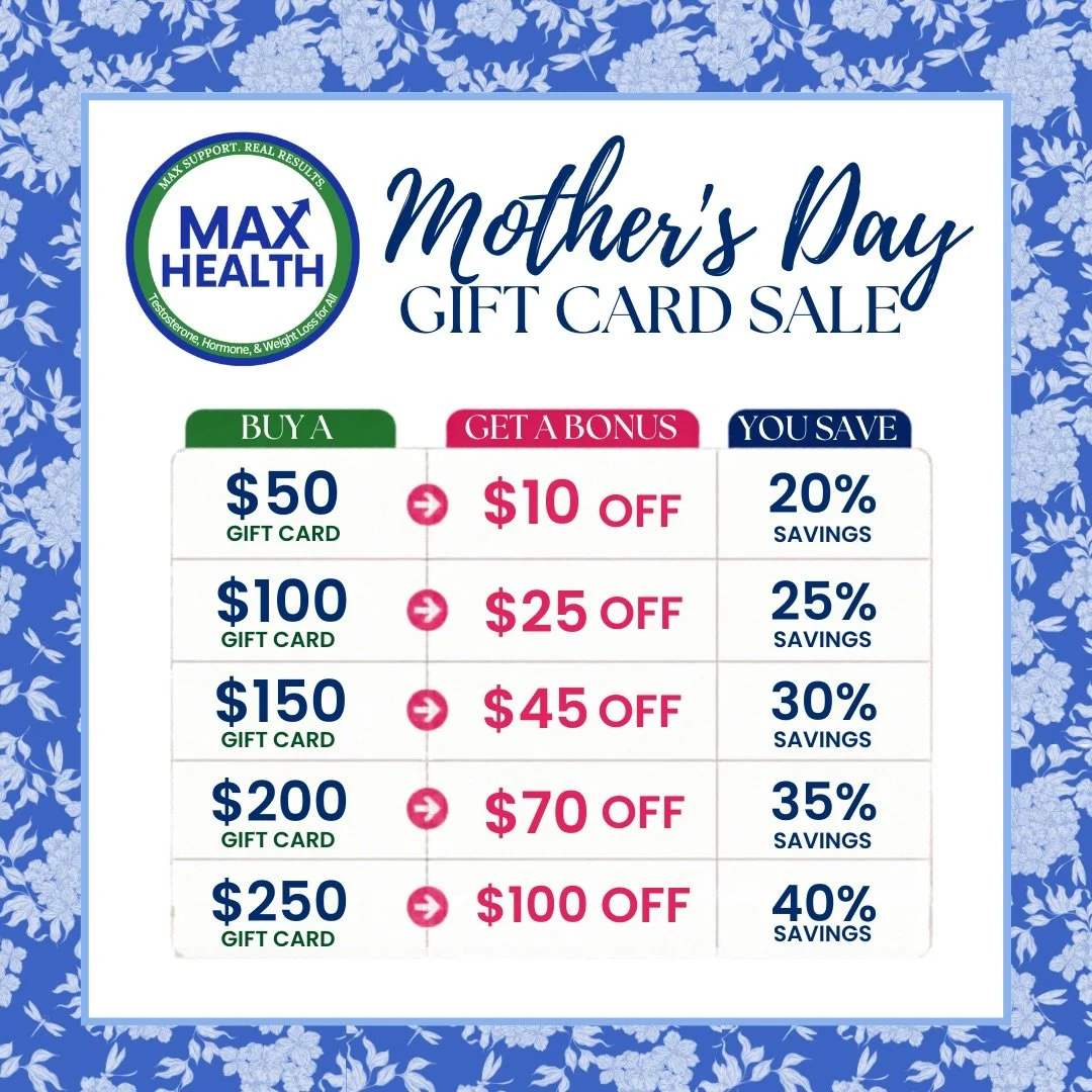 💐 Happy Mother&rsquo;s Day to all the amazing moms out there! 💙

At Max Health, we&rsquo;re celebrating YOU with our Mother&rsquo;s Day Gift Card Sale! Give the gift of health, confidence, and real results &mdash; perfect for your mother, a loved o