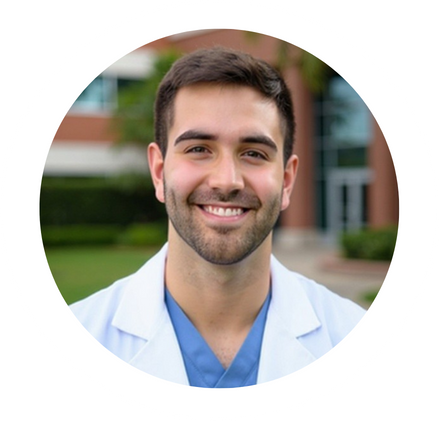 Photo of a young male healthcare professional with short dark hair, beard, wearing a white coat and light blue scrubs, smiling outdoors.