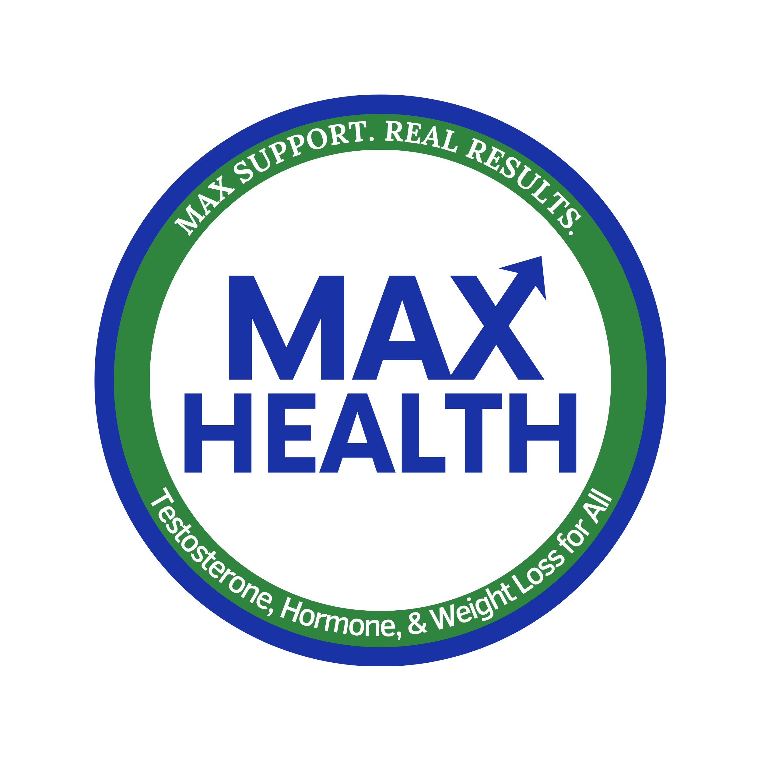 Circular badge with the text 'MAX HEALTH' in large blue letters in the center, surrounded by a blue and green border. The green border has white text that reads 'MAX SUPPORT. REAL RESULTS: Testosterone, Hormone, & Weight Loss for All'.