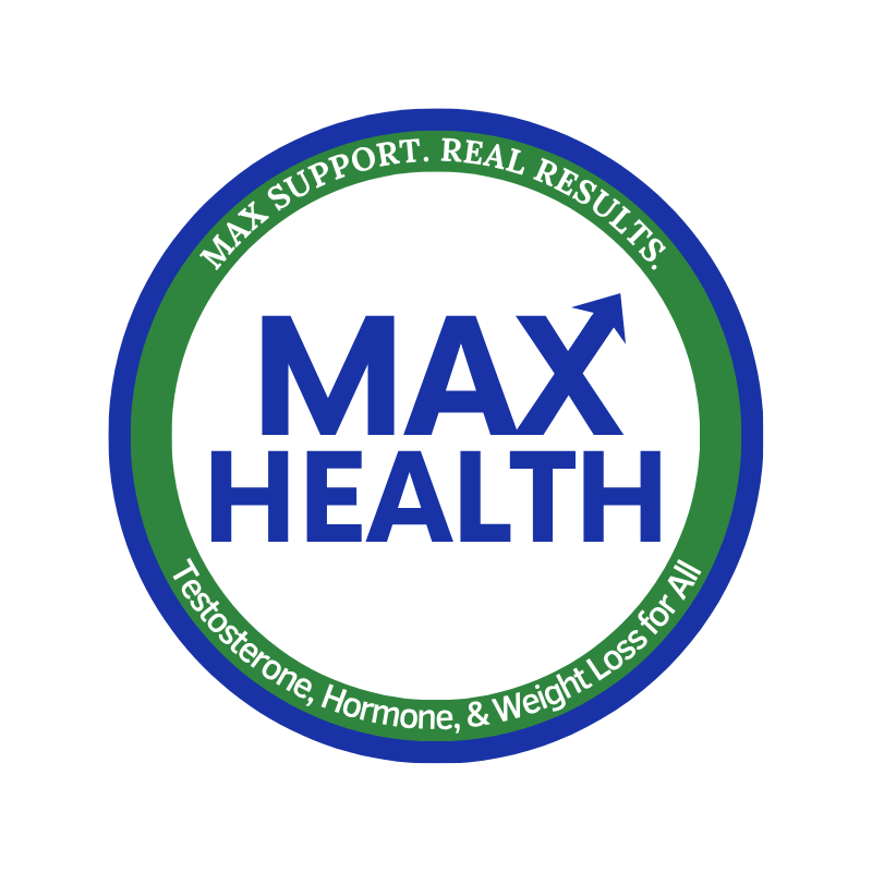 A circular logo with the words "MAX HEALTH" in blue, and an upward arrow in the "X." Surrounding the text, green and blue rings contain the phrases "MAX SUPPORT. REAL RESULTS" and "Testosterone, Hormone, & Weight Loss for All."