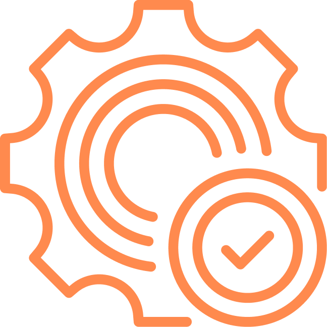 An orange outline of a gear with a checkmark inside a smaller circle overlaying it.