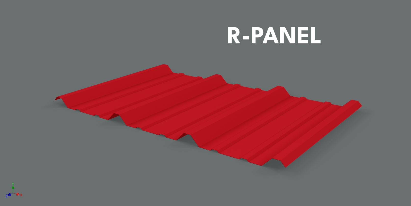 Red corrugated metal roofing panel labeled 'R-PANEL' on a gray background.