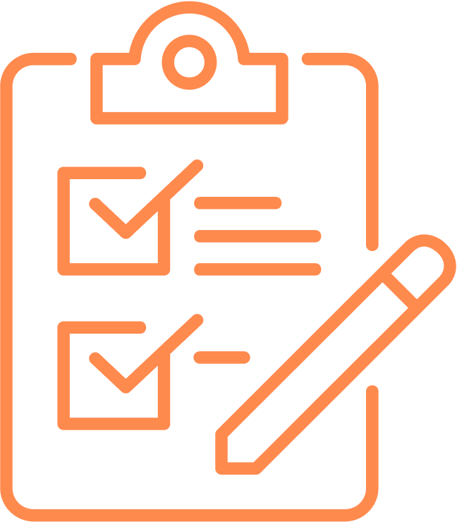 Outline icon of a clipboard with checkmarks and a pencil, representing a checklist or to-do list.