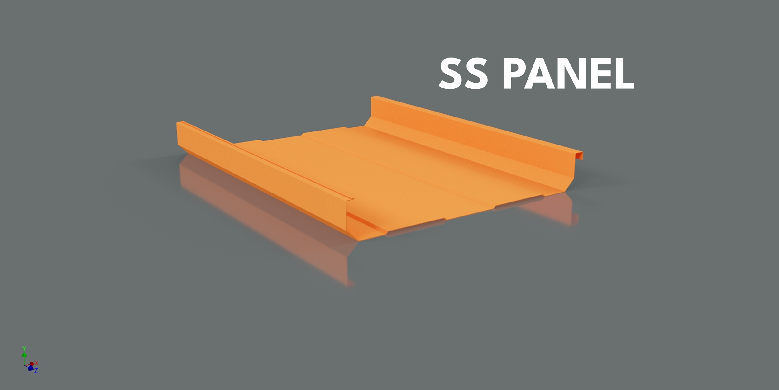 Orange corrugated metal roofing panel labeled 'SS PANEL' on a gray background.