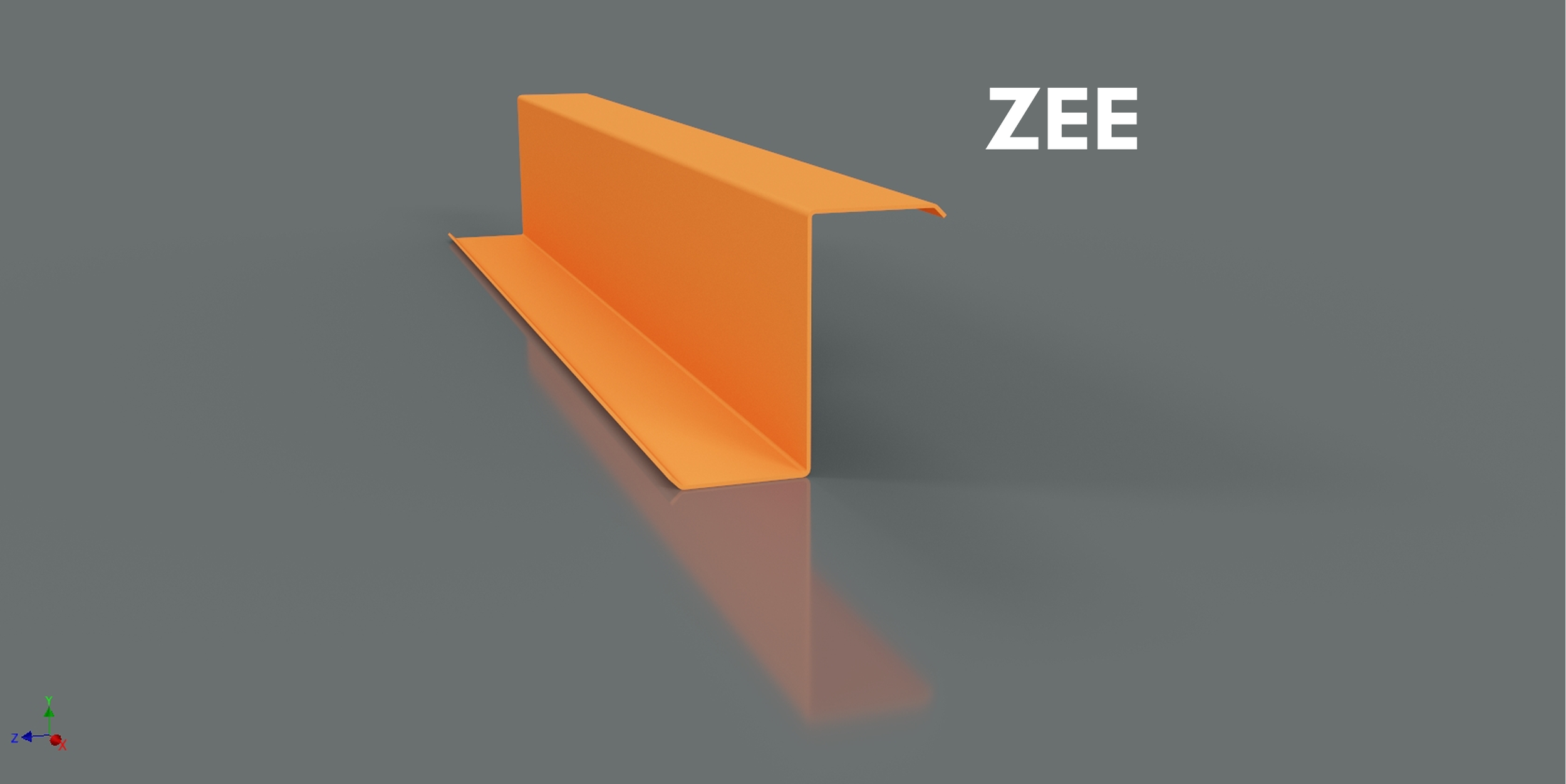 Orange corrugated metal roofing panel labeled 'ZEE' on a gray background.