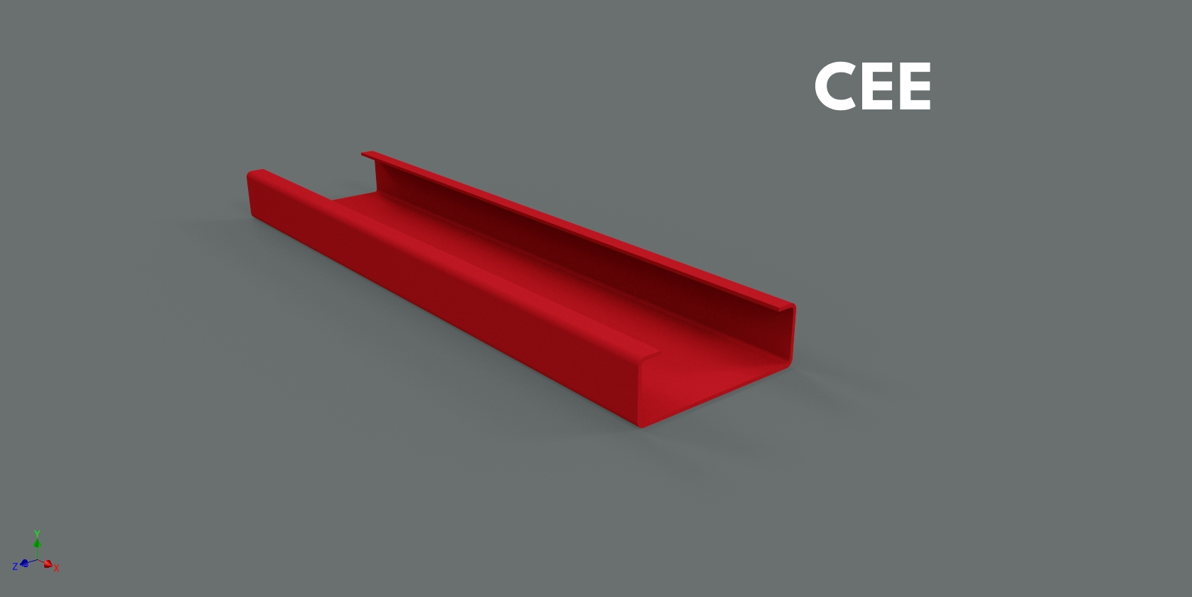 A red metal cee pulrlin piece with a U-shape, on a gray background. The letters CEE are displayed in the upper right corner.