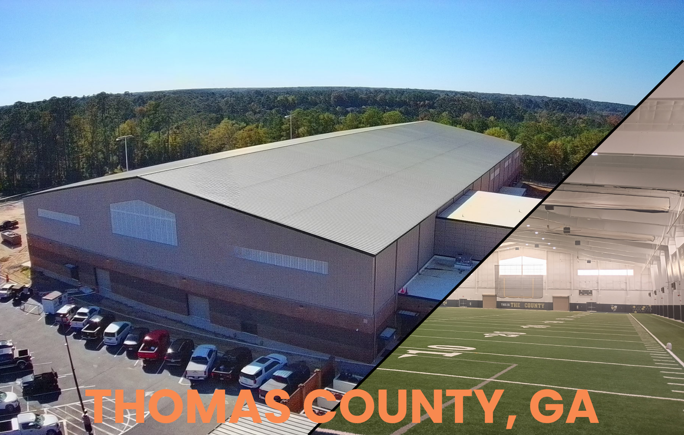 A large, pre-engineered metal, sports facility with a turf field and high ceiling, and an exterior shot of a large industrial-style building with a parking lot, located in Thomas County, Georgia.