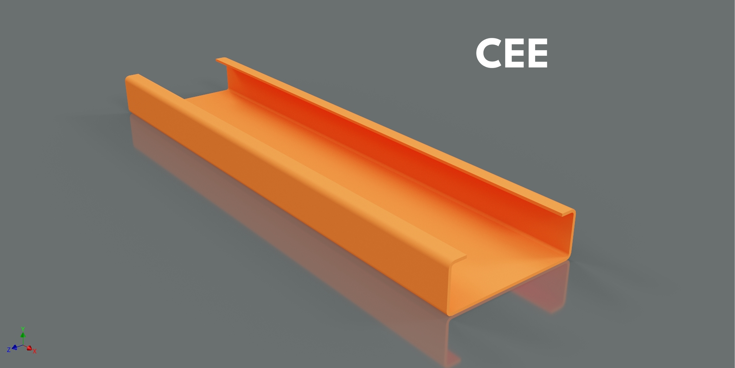 Orange corrugated metal roofing panel labeled 'CEE' on a gray background.