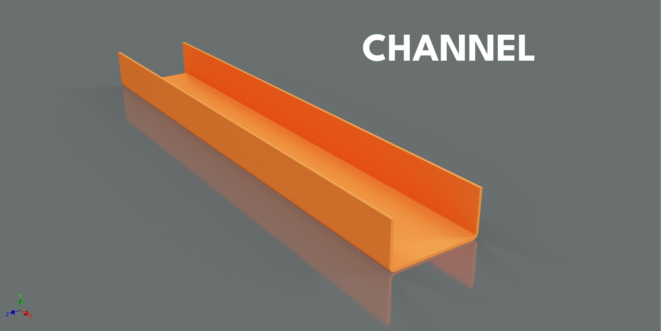 Orange corrugated metal roofing panel labeled CHANNEL' on a gray background.