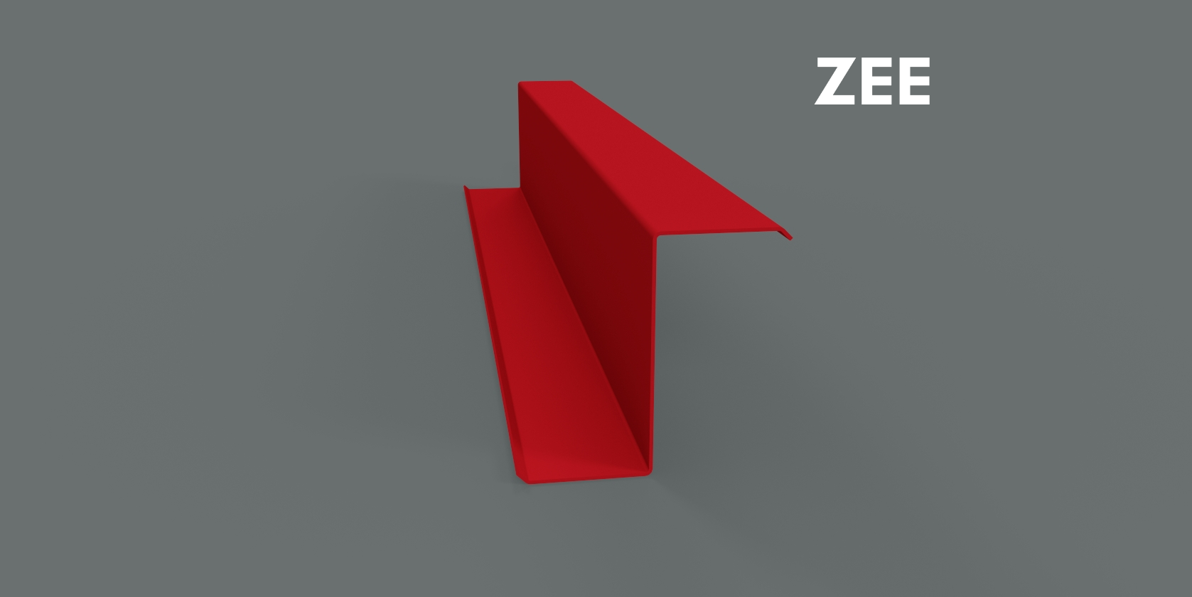 Red 3D zee purlin pointing upward on a gray background with the word 'ZEE' in white text at the top right corner.