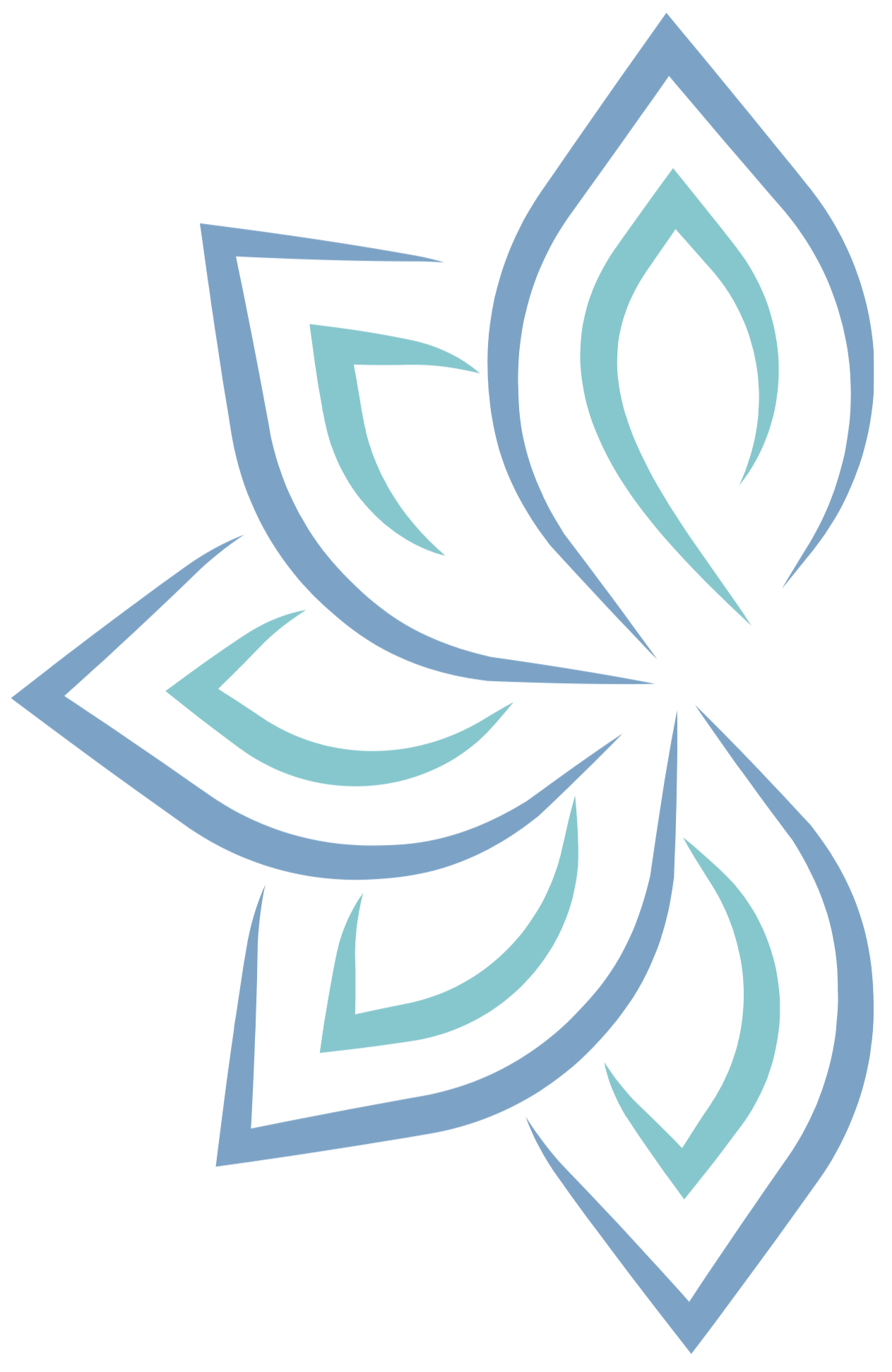 Stylized butterfly with geometric, leaf-like patterns in shades of blue on black background.