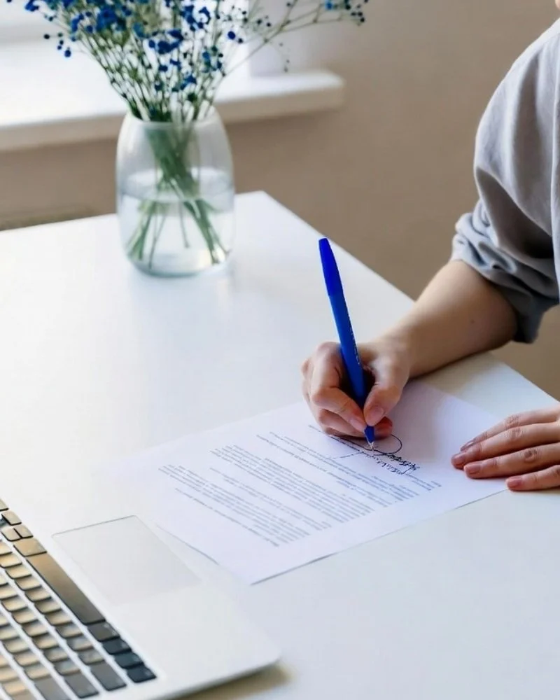 Person signing a document with a blue pen on a white desk, with a laptop and a vase of blue and white flowers in the background.