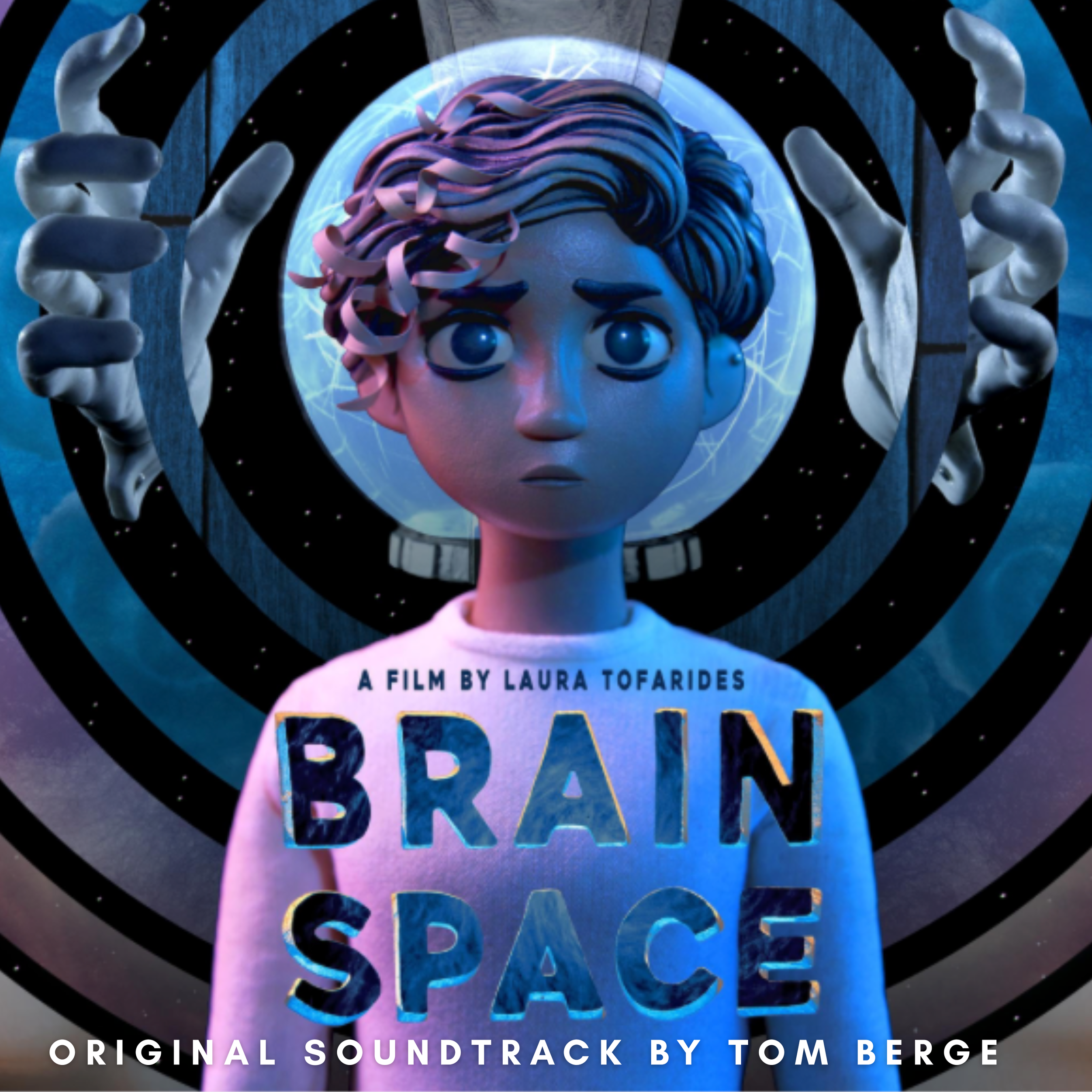 Animated young boy with curly hair looking surprised, standing in front of a celestial, cosmic background with concentric circles and hands reaching toward him, promoting the film 'Brain Space' by Laura Tofarides with soundtrack by Tom Berge.