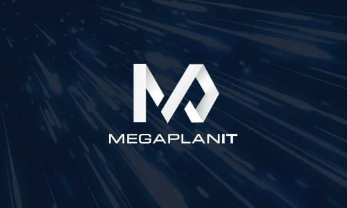 Megaplanit logo with a stylized 'M' and 'A' above the text 'MEGAPLANIT' on a dark blue background with streaks.