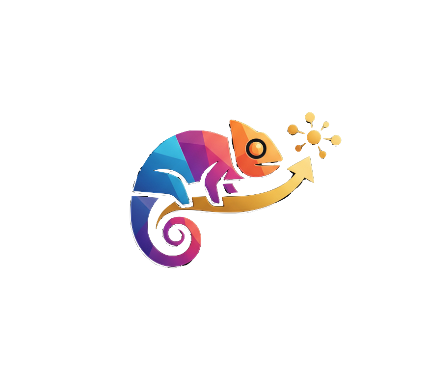 Colorful chameleon graphic with upward arrow and particles on a black background.