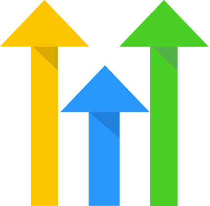 Three arrows pointing upward in yellow, blue, and green on a black background.