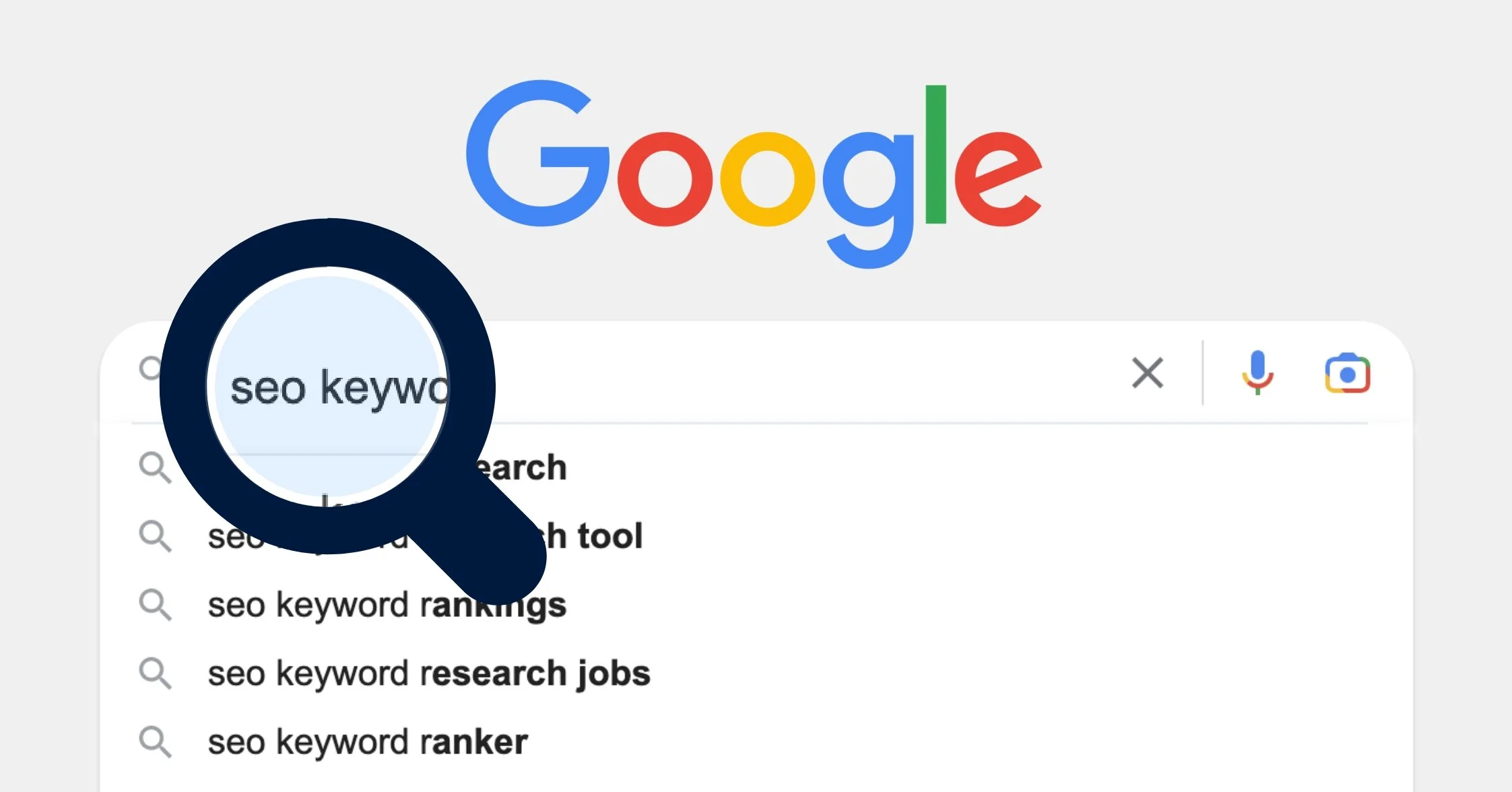 Google search page with the search query 'seo keywords' typed in and a magnifying glass overlay highlighting the search term.