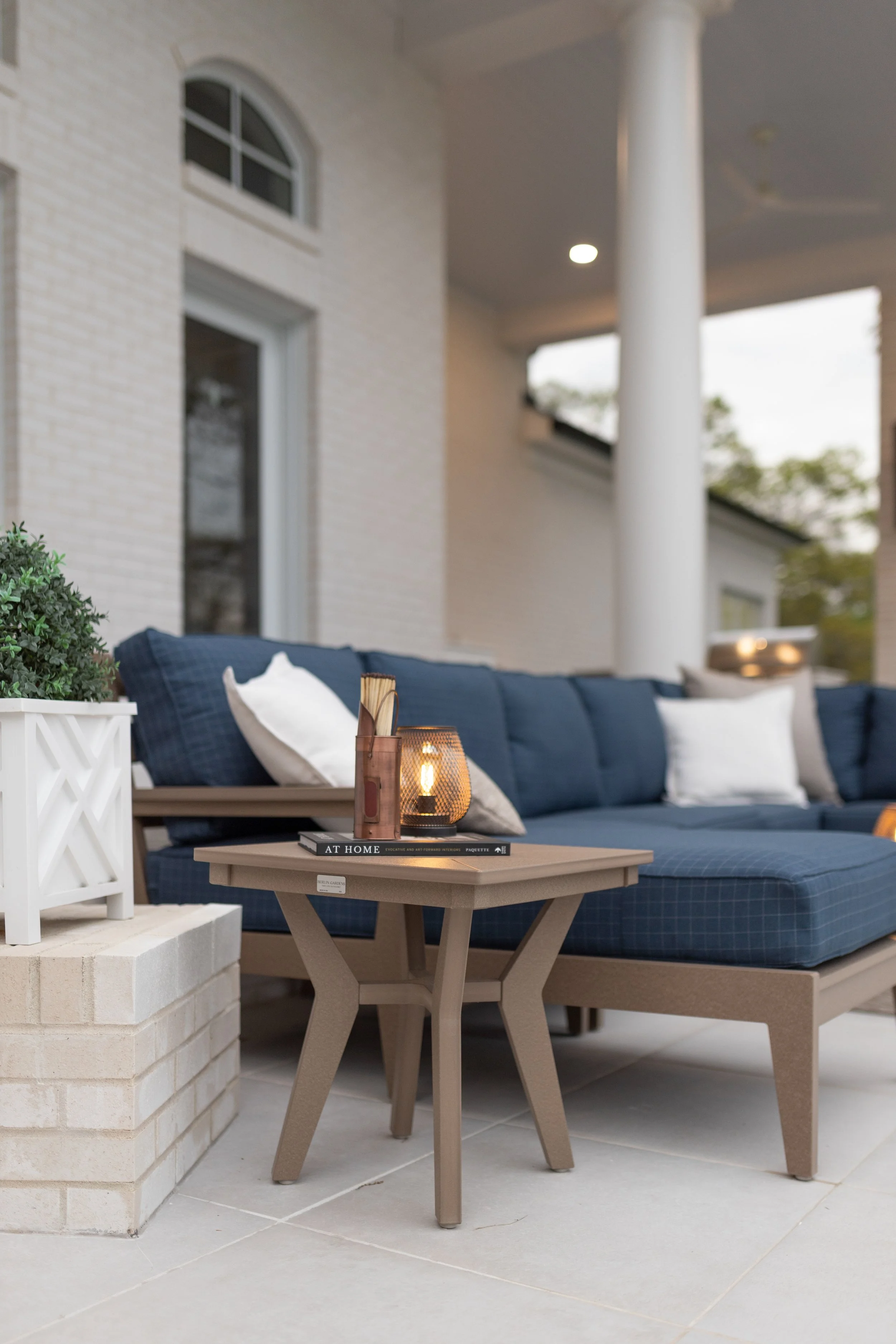 Mayhew Left Arm Chaise Lounge, Mayhew Center Armless Chairs and Mayhew End Tables. 
Cushions in Context Indigo. Shown with LilyHive Flanged throw pillow in Kaia Linen and Fitted throw pillow in Improve Dune.