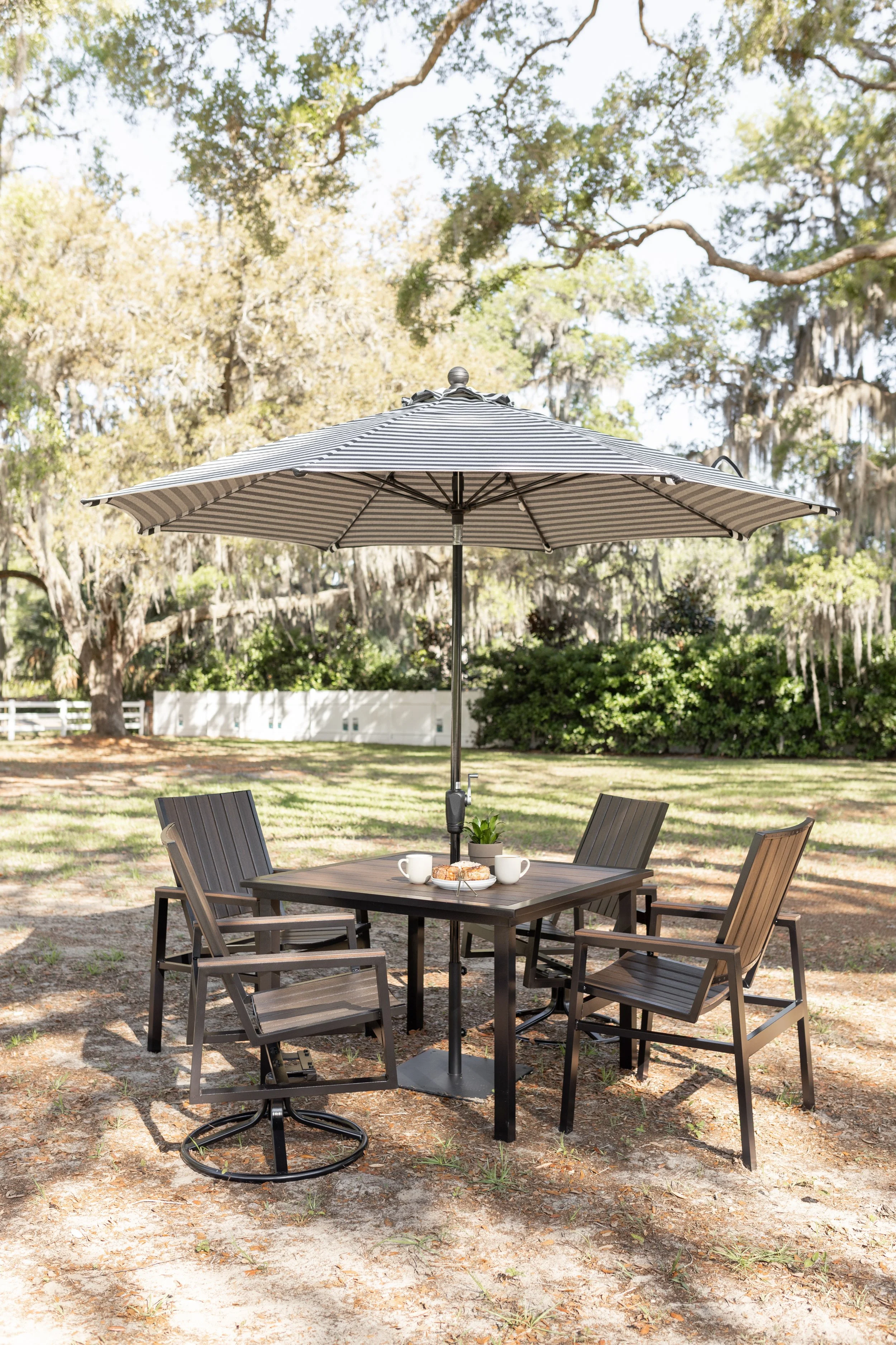 Vida 44 Square Poly Dining Table and Vida Dining Poly Chairs and Dining Swivel Rockers in Brazilian Walnut on Black.jpg